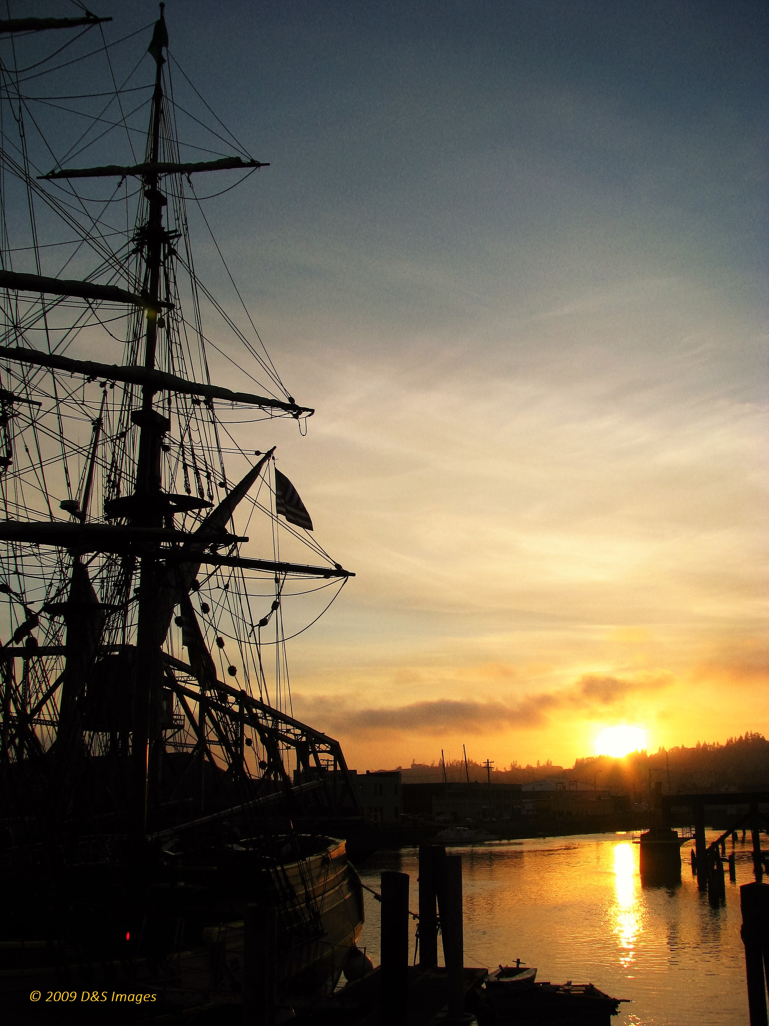 Sunset behind the Lady Washington in Aberdeen, WA 2009